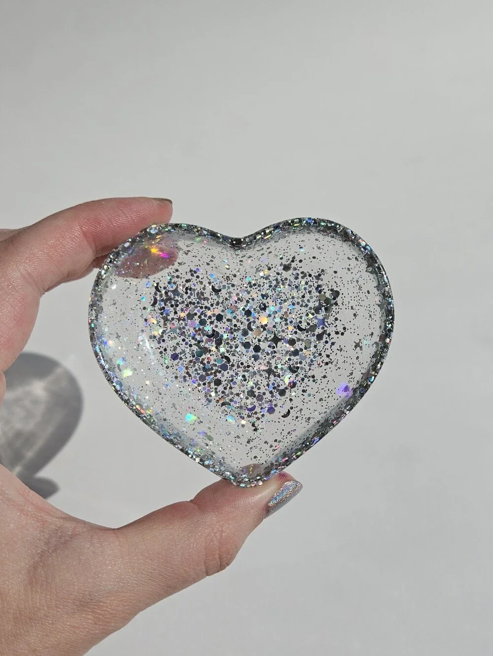 Handmade Holographic Silver Glitter Mini Heart Resin Dish Princess Fairycore Tra